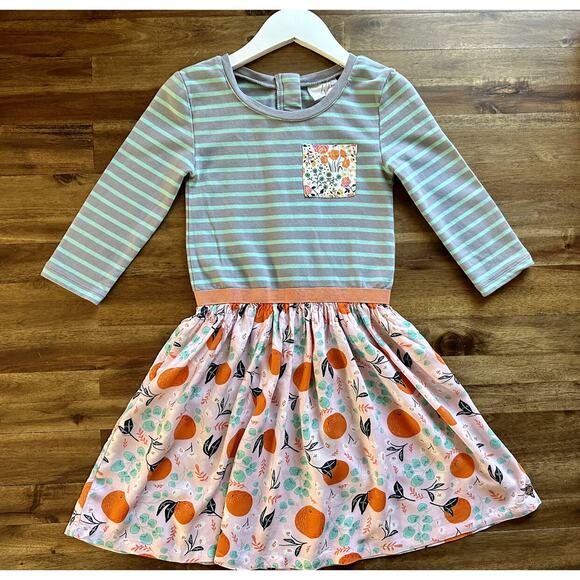 Matilda Jane Once Upon A Time Fresh Squeezed Orange Gray Blue Striped Dress 8 - Picture 2 of 7